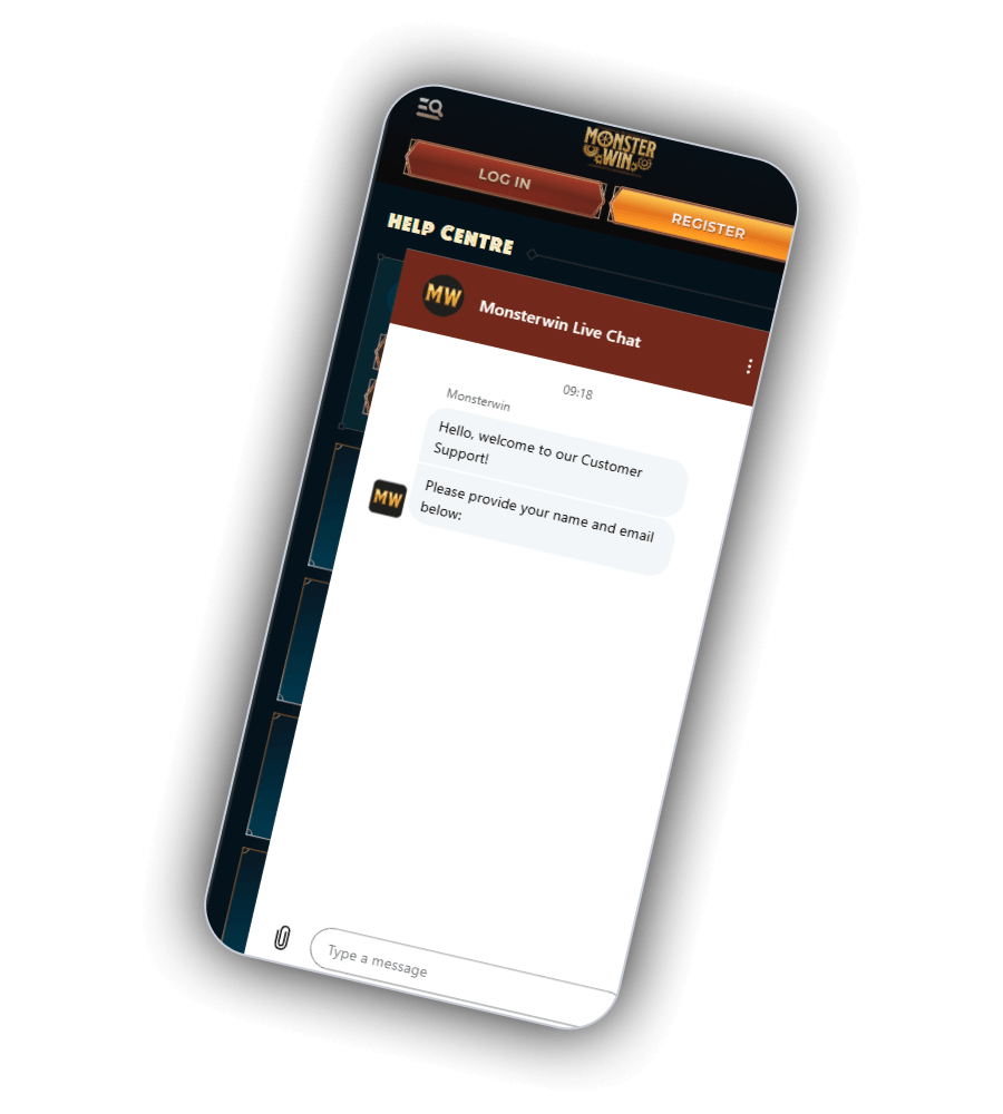 MonsterWin Casino Help Centre with the live chat window