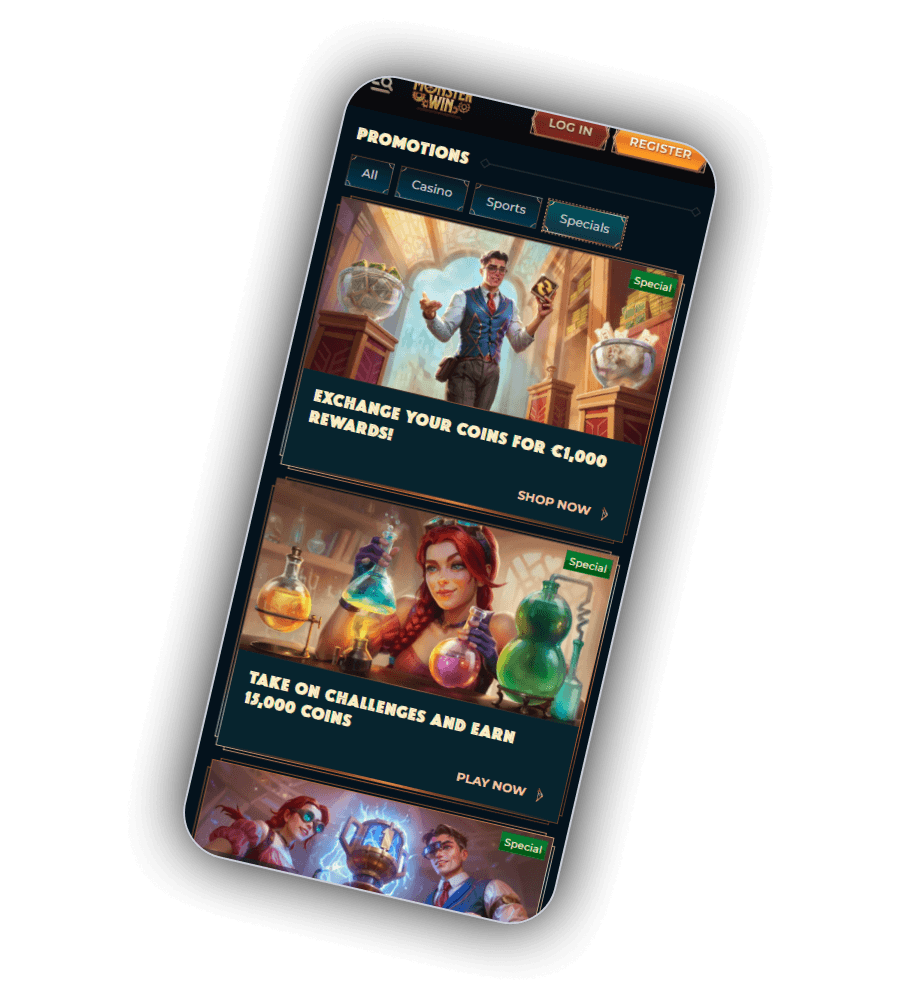 MonsterWin Casino promotions page with coin shop and challenges banners