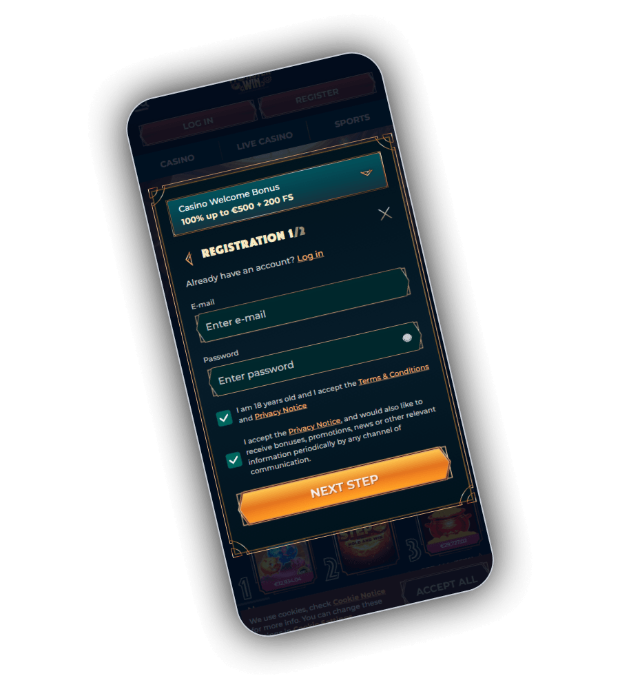 MonsterWin Casino registration form with email and password fields