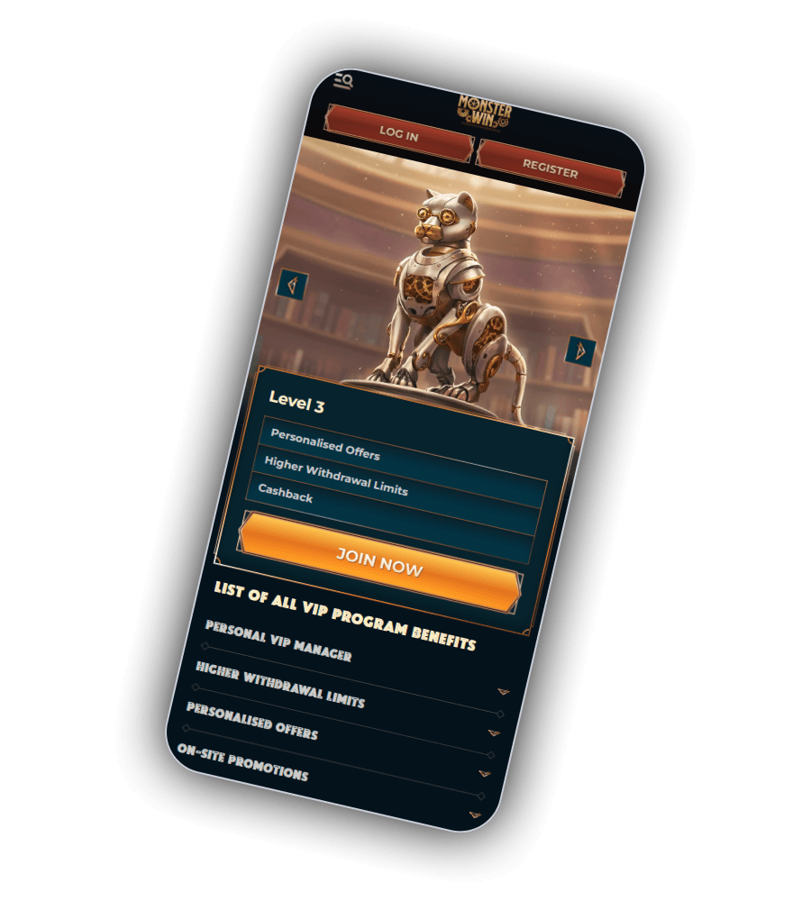 MonsterWin Casino VIP Club level card with list of VIP benefits