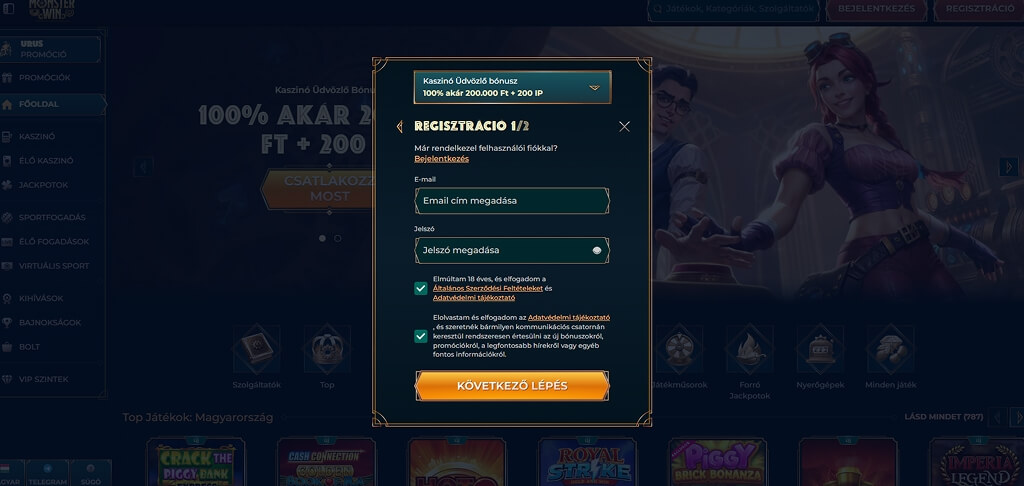 Regisztráció a MonsterWin Kaszinó ban